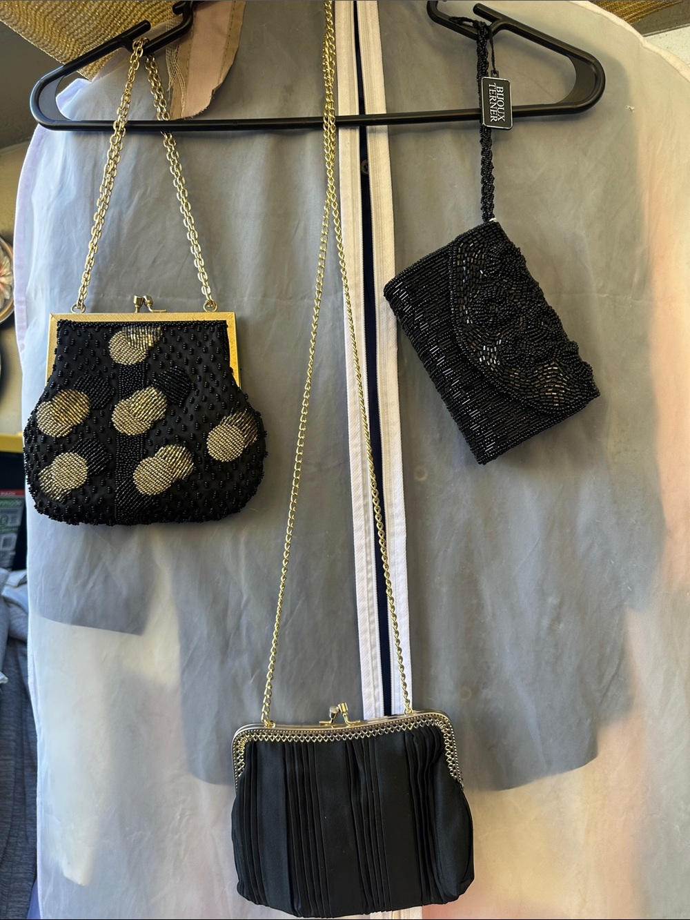 Vintage-Inspired Black Beaded Evening Bag with Gold Accents